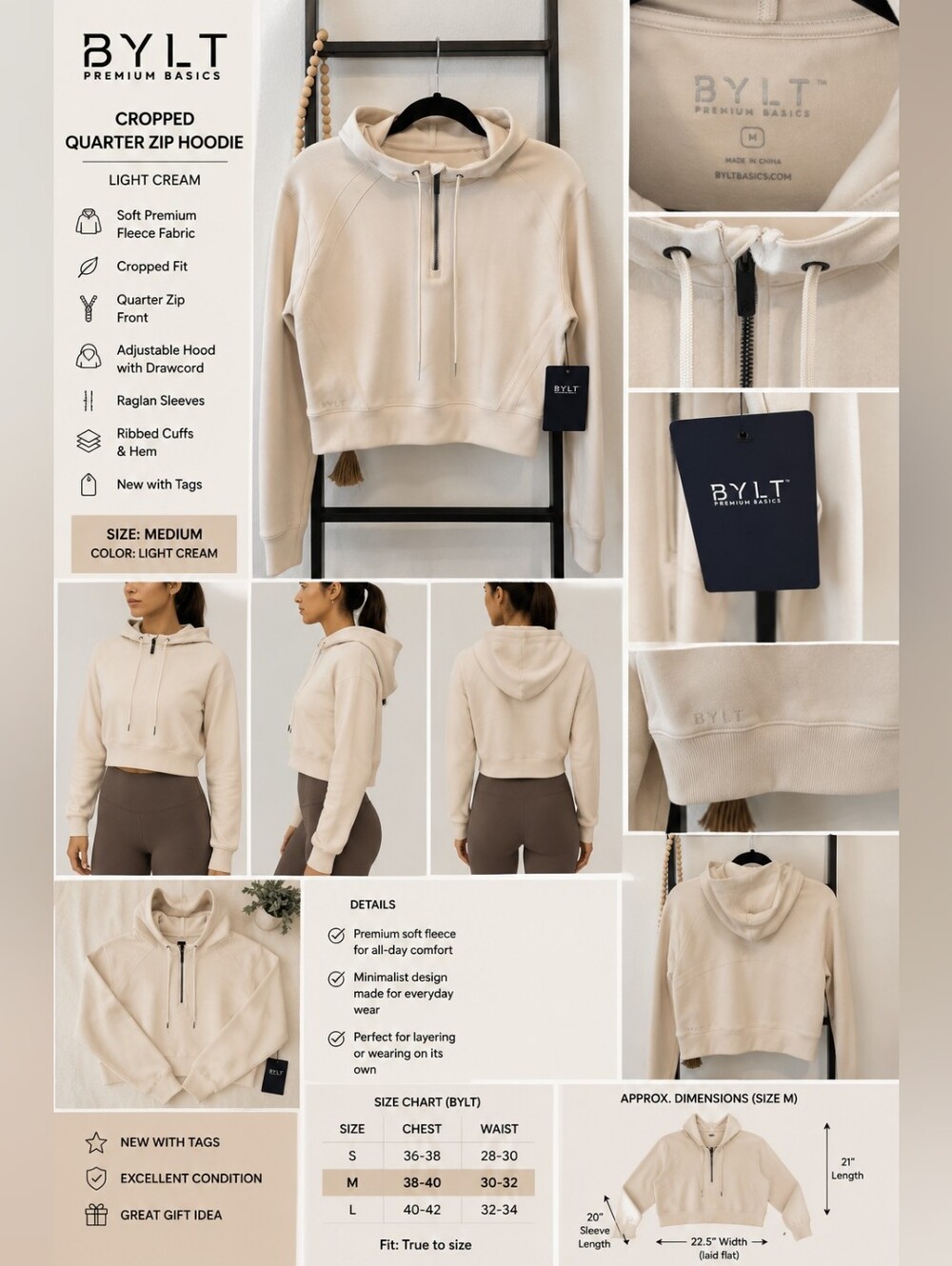 BYLT Cropped Quarter Zip Hoodie – Cream – Size Medium – NWT